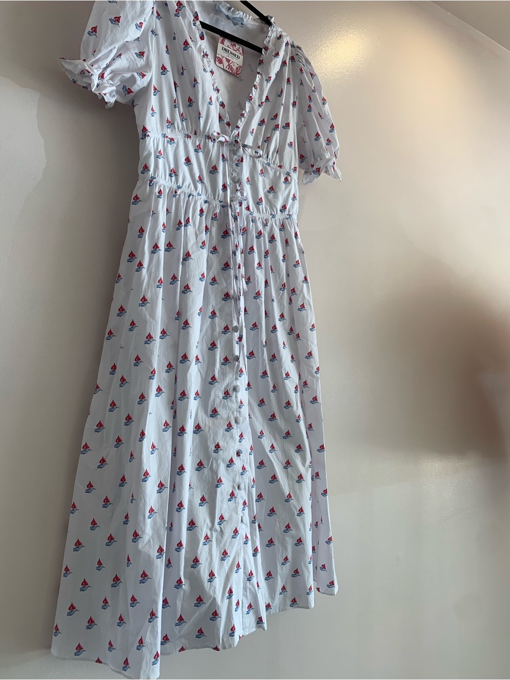 Hill House White Midi Dress with Red & Blue Sailboat Print